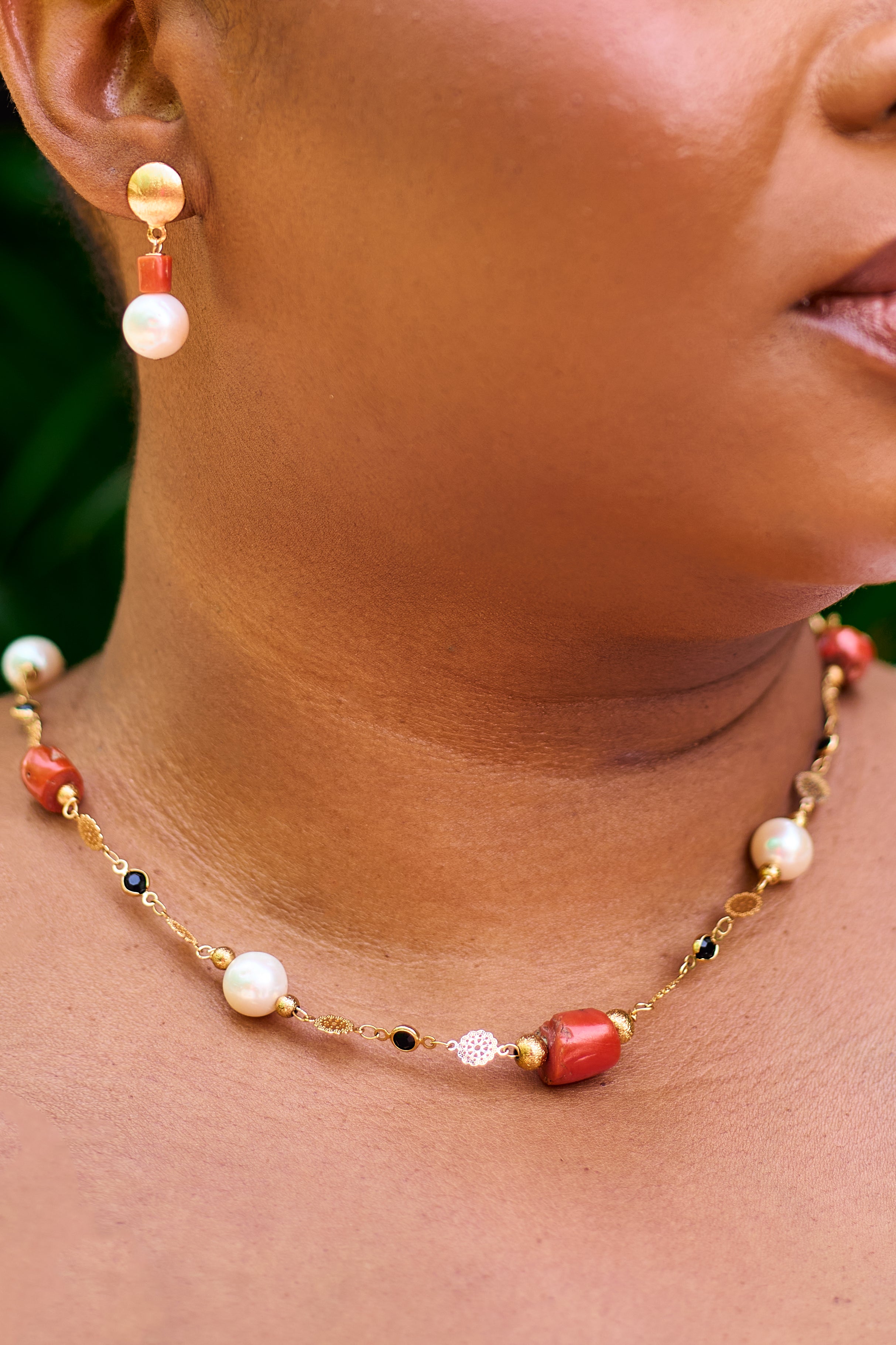 Àyọkà Kejì elegant set crafted with authentic Mediterranean coral beads and refined cultured pearls.