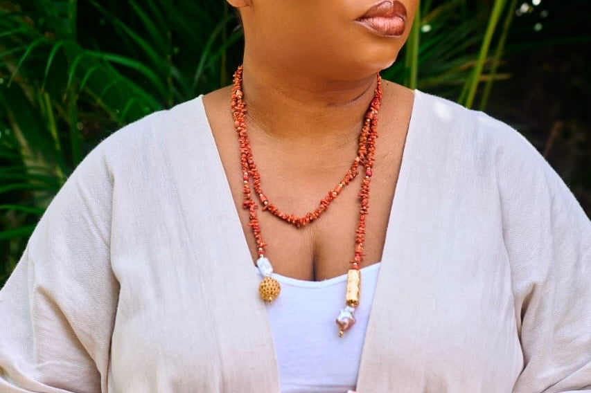 Omoluabi VI bespoke pendant necklace featuring a handcarved authentic antique Mediterranean coral medallion by Jewellery Banc.